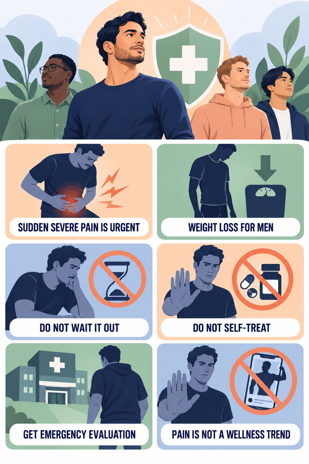 Sudden Testicular Pain Needs Urgent Care infographic for Weight Loss for Men with four concise, non-shaming sexual-health education points.