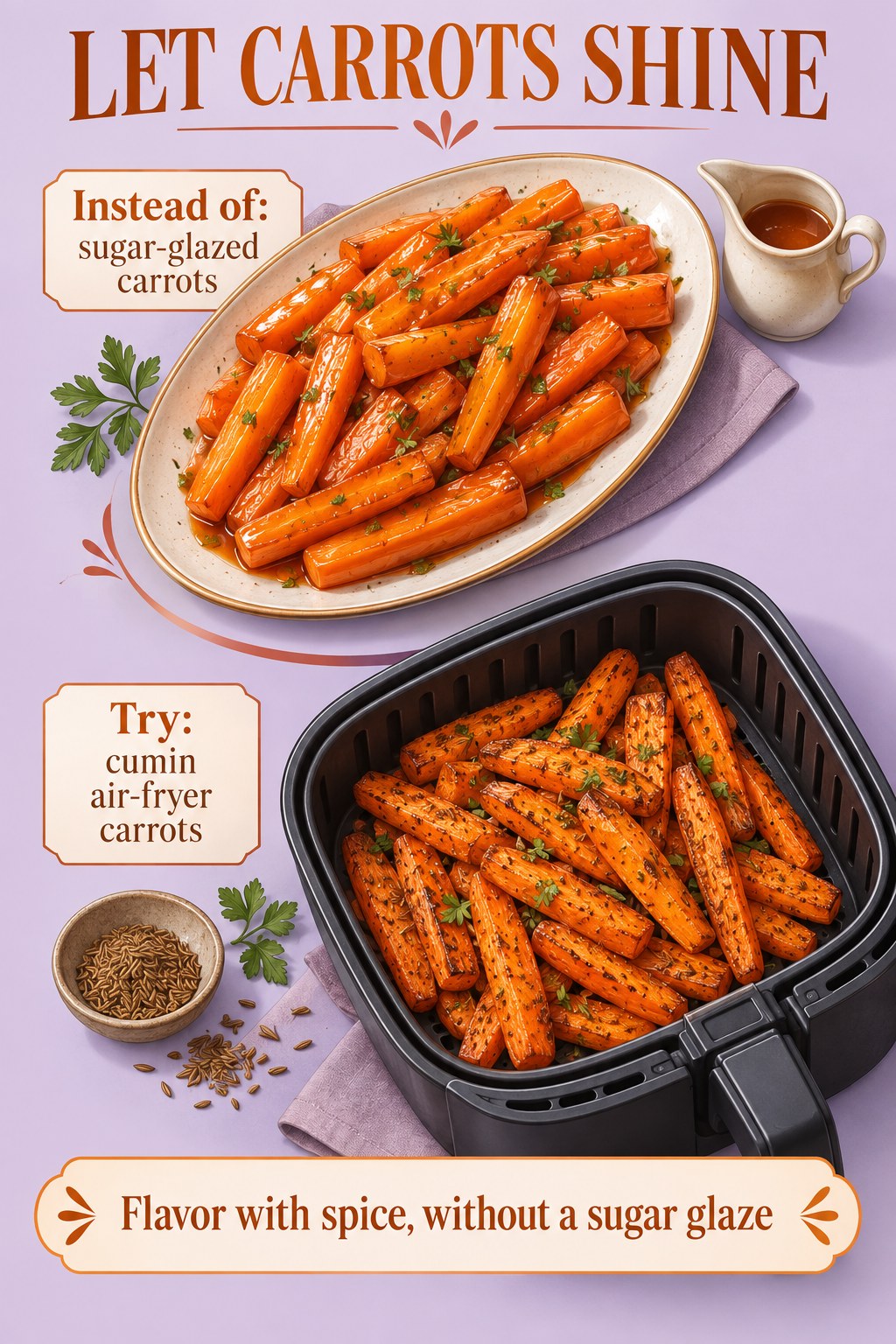 Sugar-glazed carrot batons beside cumin-seasoned carrots in an air-fryer basket on a lavender food comparison graphic.