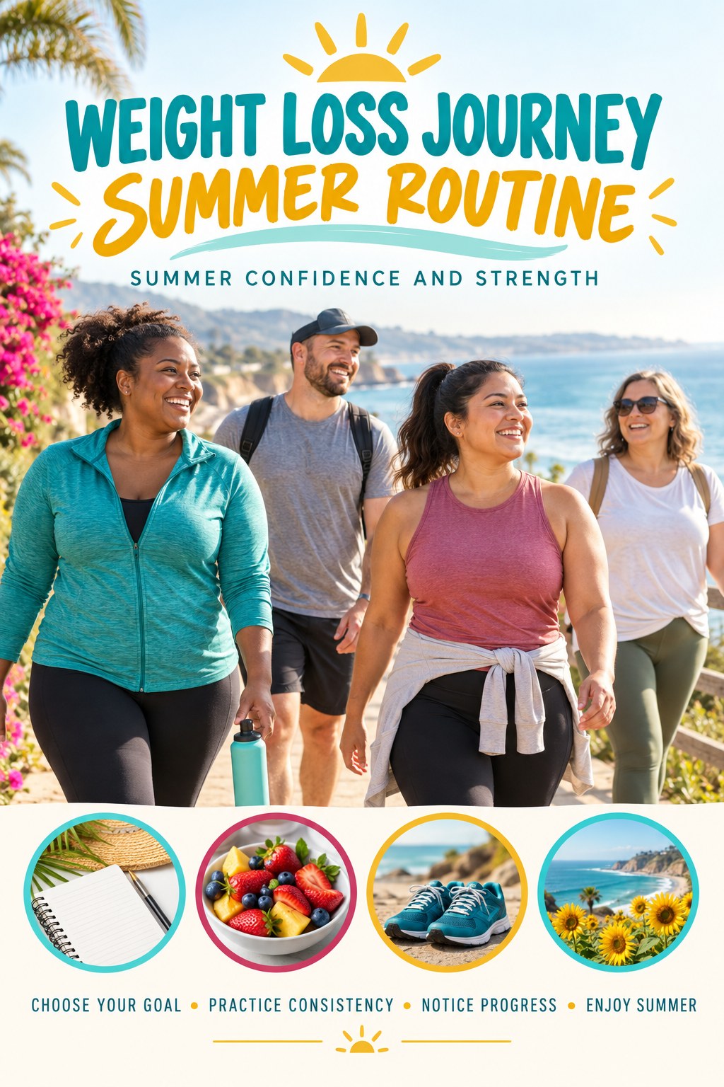 Weight Loss Journey summer routine graphic titled Summer Confidence and Strength with four practical wellness prompts.