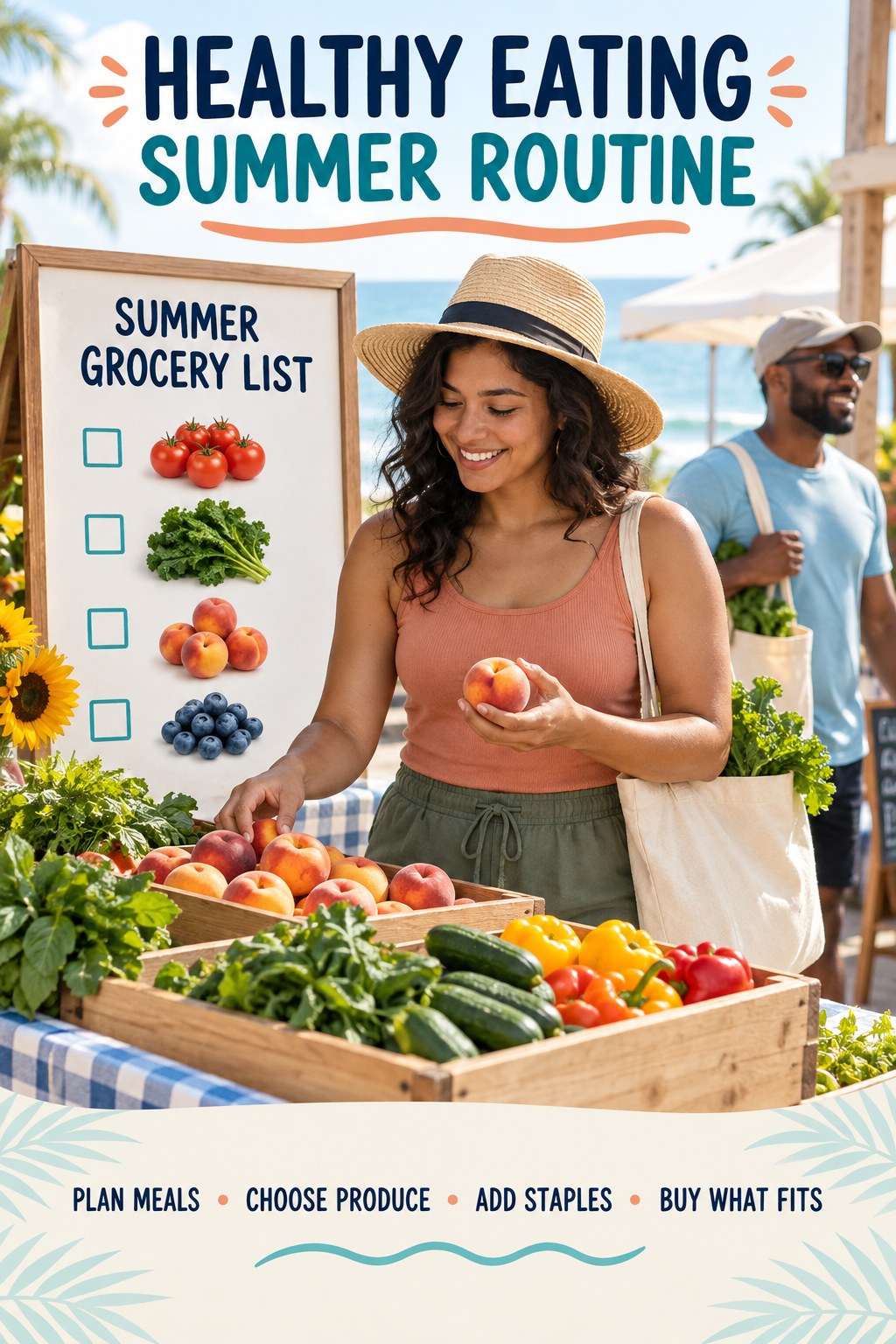 Healthy Eating summer routine graphic titled Summer Grocery List with four practical wellness prompts.