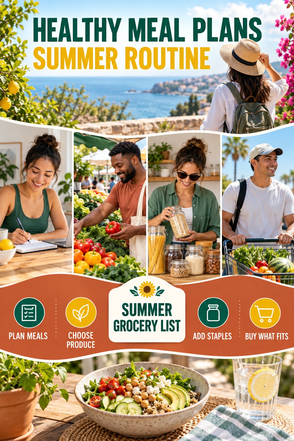 Healthy Meal Plans summer routine graphic titled Summer Grocery List with four practical wellness prompts.