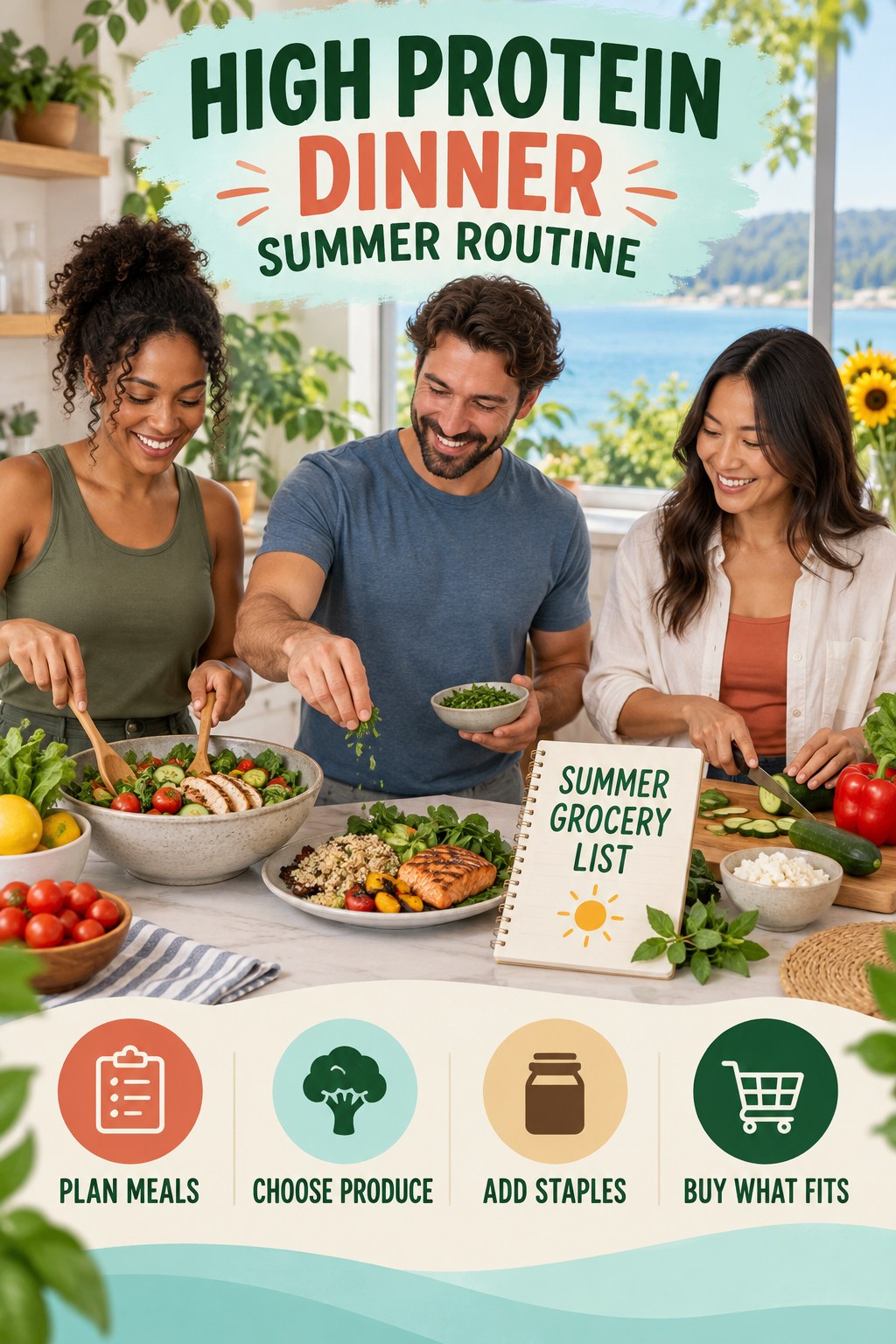 High Protein Dinner summer routine graphic titled Summer Grocery List with four practical wellness prompts.