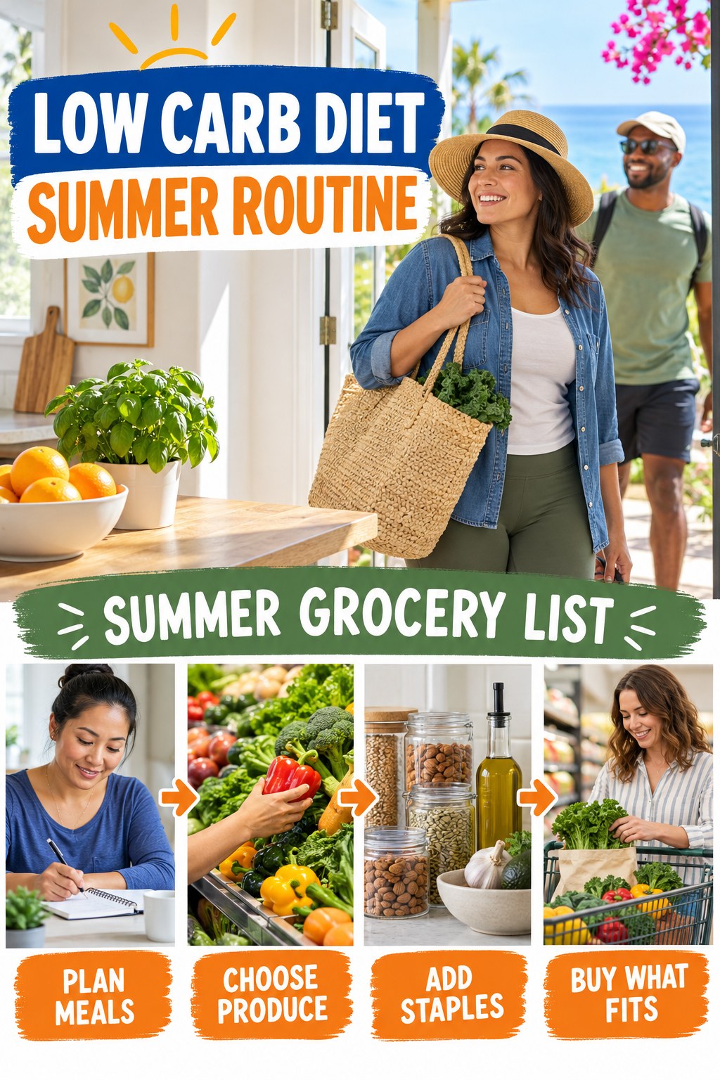 Low Carb Diet summer routine graphic titled Summer Grocery List with four practical wellness prompts.