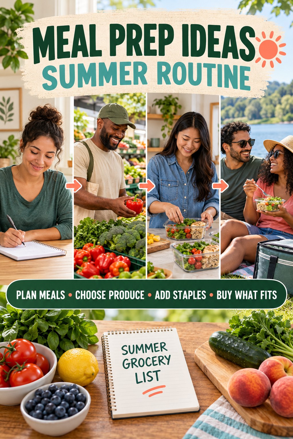 Meal Prep Ideas summer routine graphic titled Summer Grocery List with four practical wellness prompts.