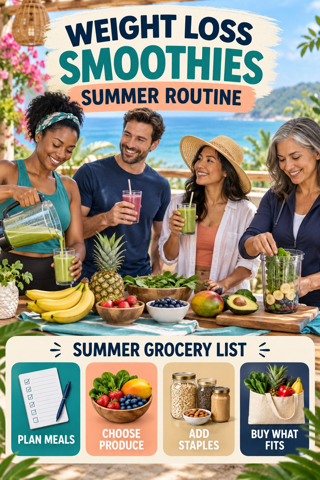 Weight Loss Smoothies summer routine graphic titled Summer Grocery List with four practical wellness prompts.