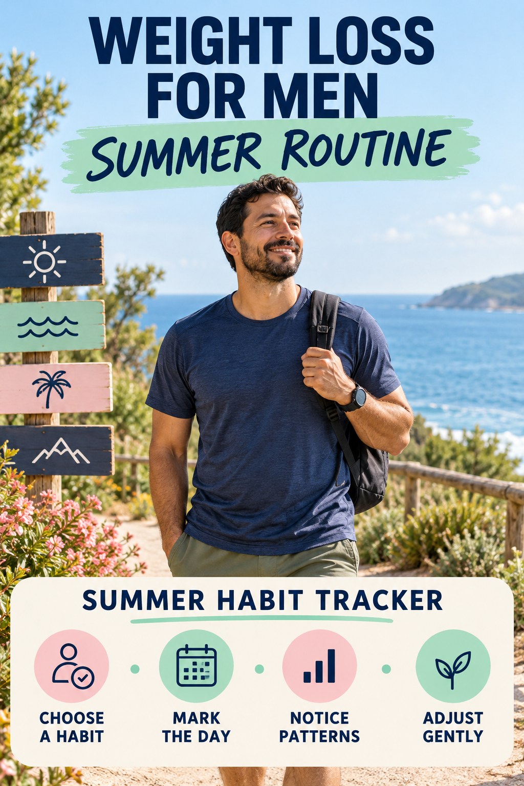 Weight Loss for Men summer routine graphic titled Summer Habit Tracker with four practical wellness prompts.