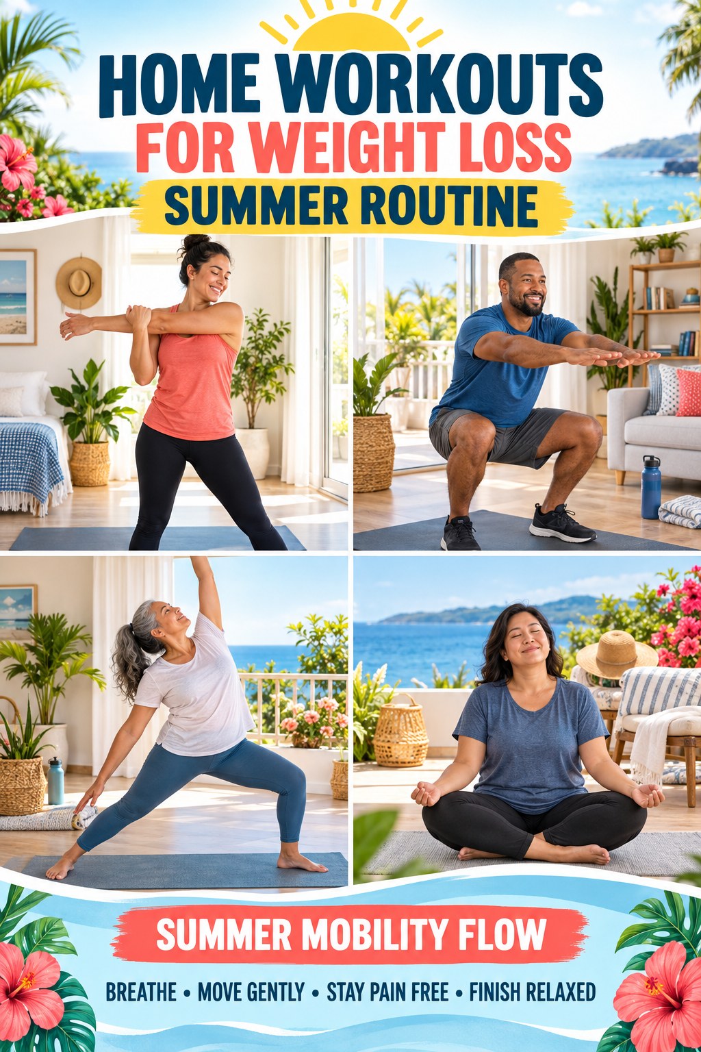 Home Workouts for Weight Loss summer routine graphic titled Summer Mobility Flow with four practical wellness prompts.