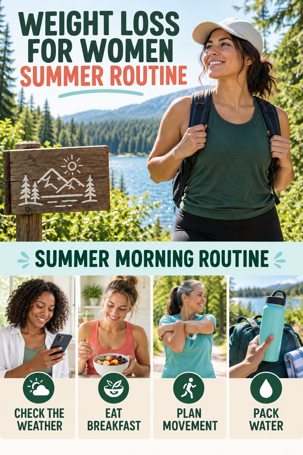 Weight Loss for Women summer routine graphic titled Summer Morning Routine with four practical wellness prompts.