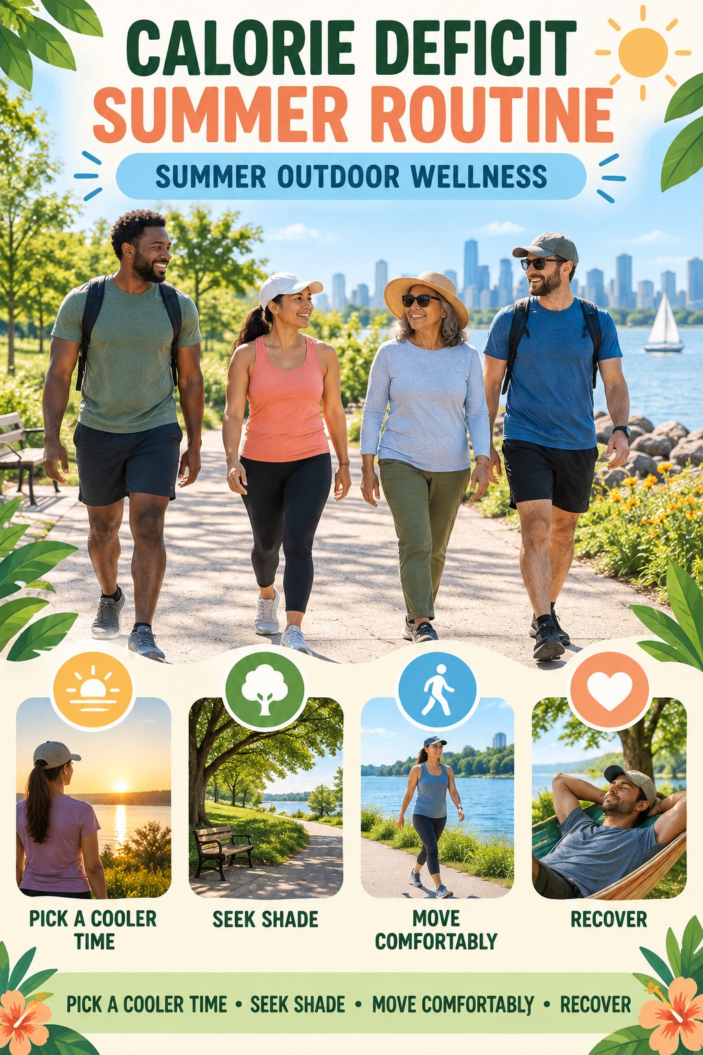 Calorie Deficit summer routine graphic titled Summer Outdoor Wellness with four practical wellness prompts.