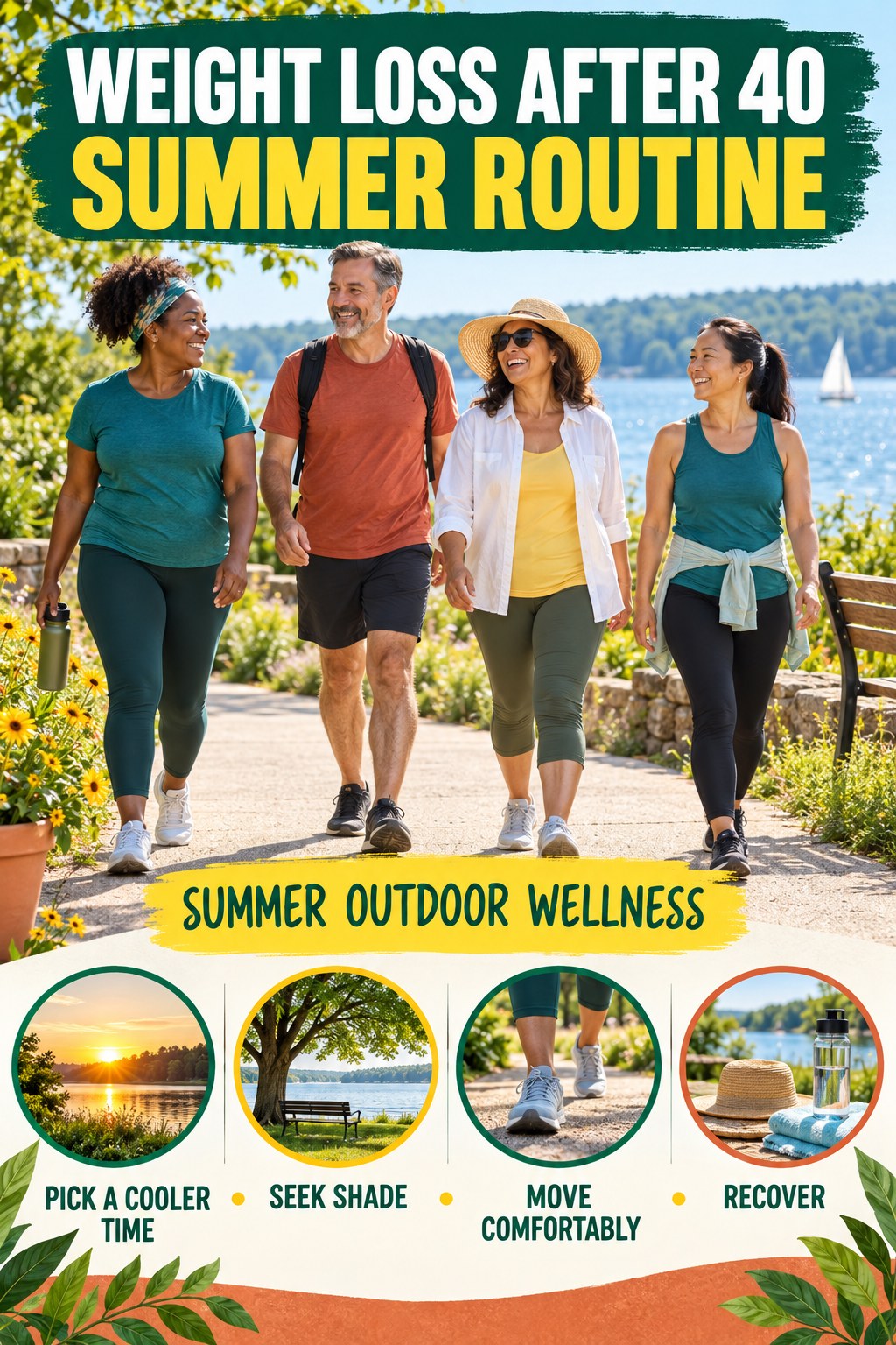 Weight Loss After 40 summer routine graphic titled Summer Outdoor Wellness with four practical wellness prompts.