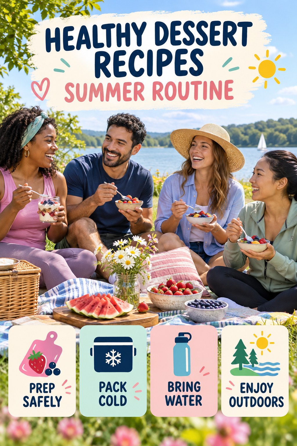 Healthy Dessert Recipes summer routine graphic titled Summer Picnic Planning with four practical wellness prompts.
