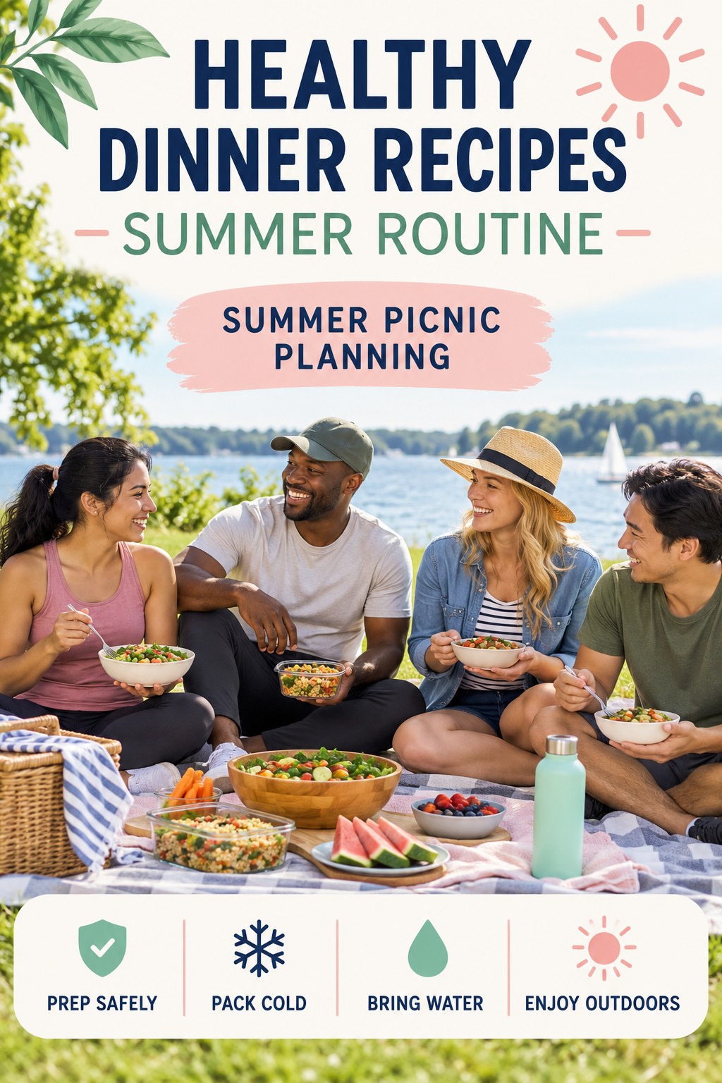 Healthy Dinner Recipes summer routine graphic titled Summer Picnic Planning with four practical wellness prompts.