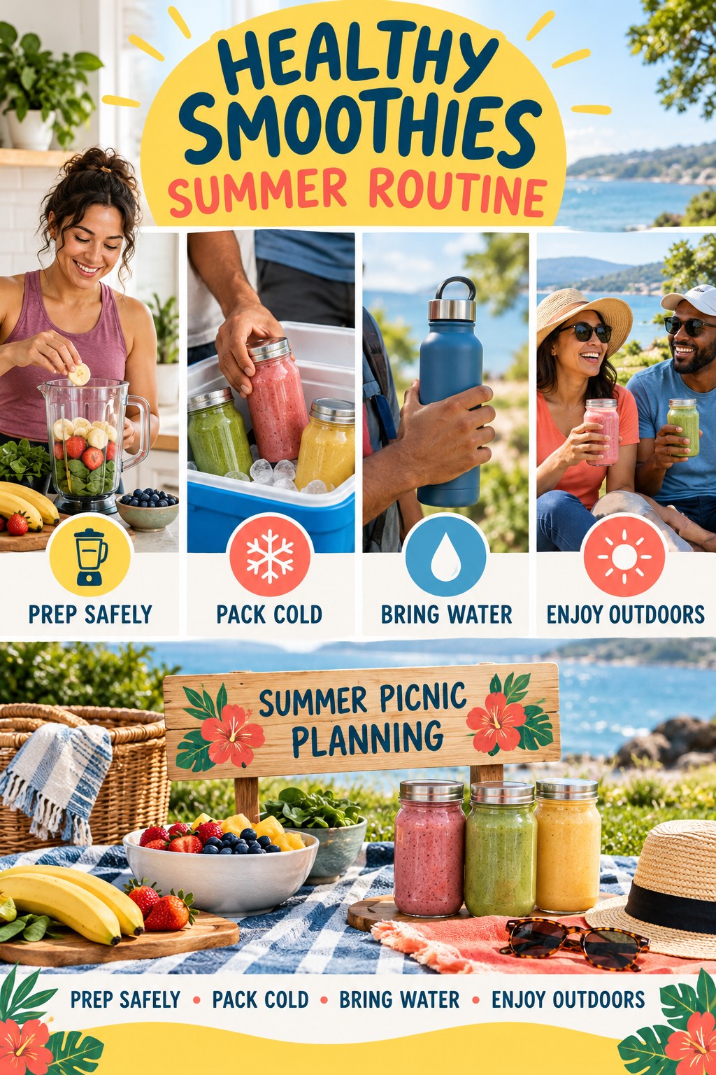 Healthy Smoothies summer routine graphic titled Summer Picnic Planning with four practical wellness prompts.