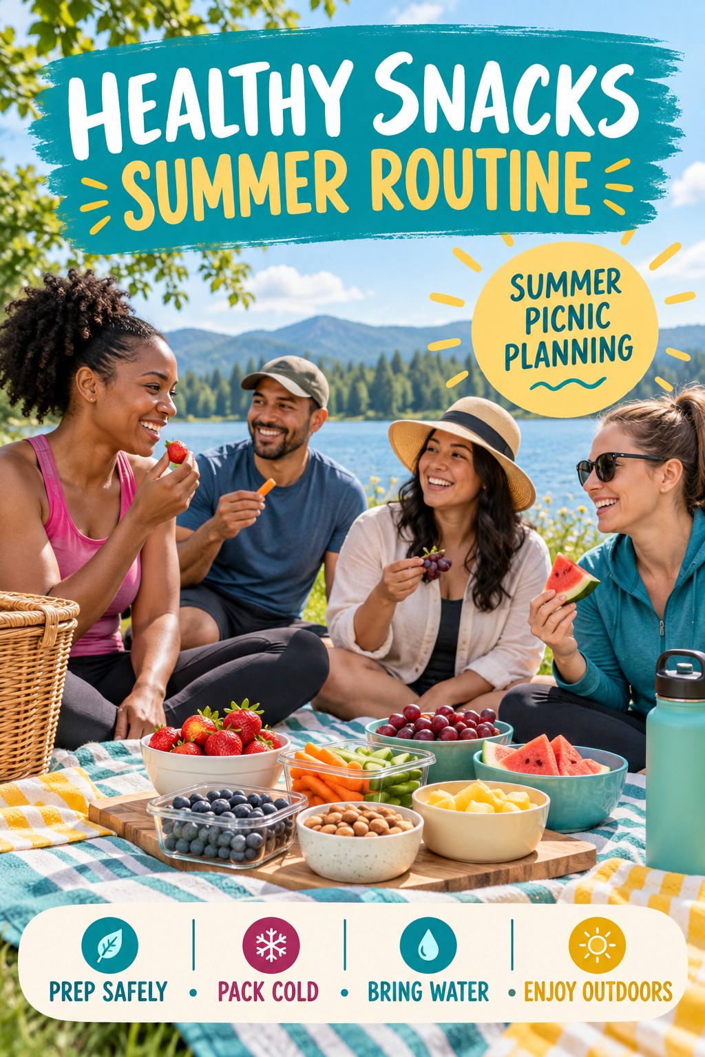 Healthy Snacks summer routine graphic titled Summer Picnic Planning with four practical wellness prompts.
