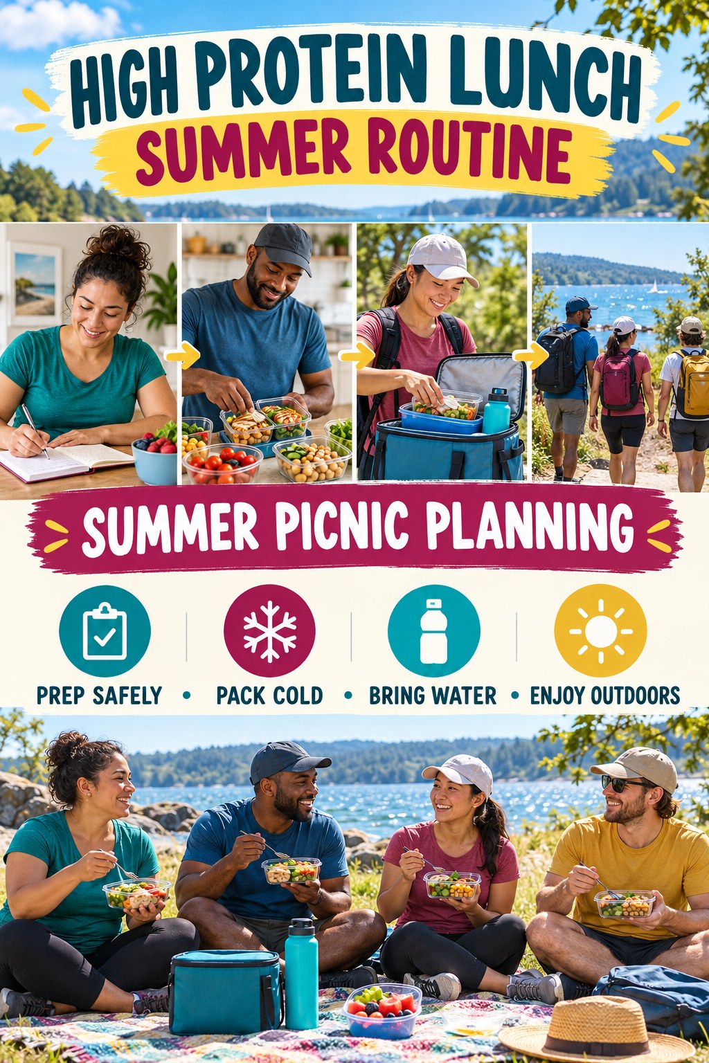 High Protein Lunch summer routine graphic titled Summer Picnic Planning with four practical wellness prompts.