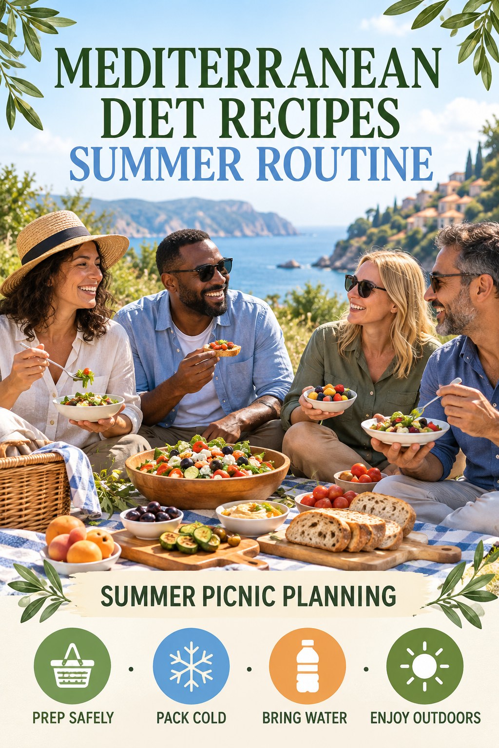 Mediterranean Diet Recipes summer routine graphic titled Summer Picnic Planning with four practical wellness prompts.