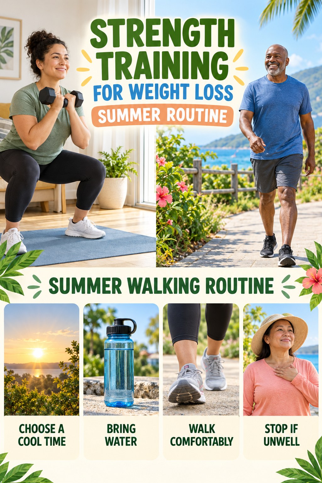 Strength Training for Weight Loss summer routine graphic titled Summer Walking Routine with four practical wellness prompts.