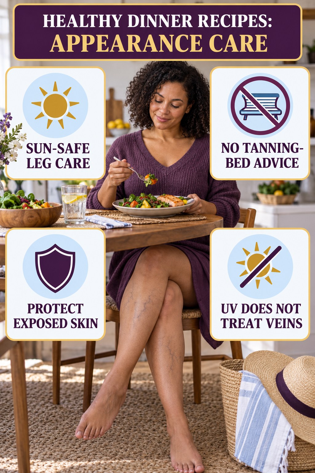 Sun-Safe Appearance Care infographic for Healthy Dinner Recipes, showing body-neutral visible-leg-vein appearance care and the boundary between temporary cosmetic support and treatment.