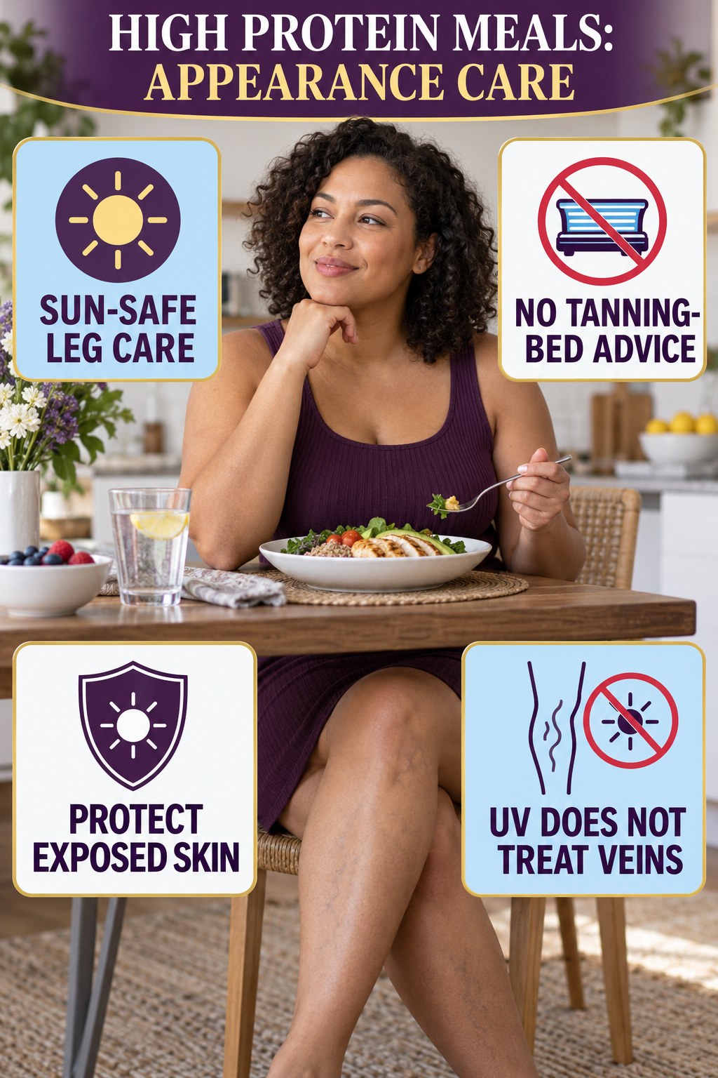 Sun-Safe Appearance Care infographic for High Protein Meals, showing body-neutral visible-leg-vein appearance care and the boundary between temporary cosmetic support and treatment.