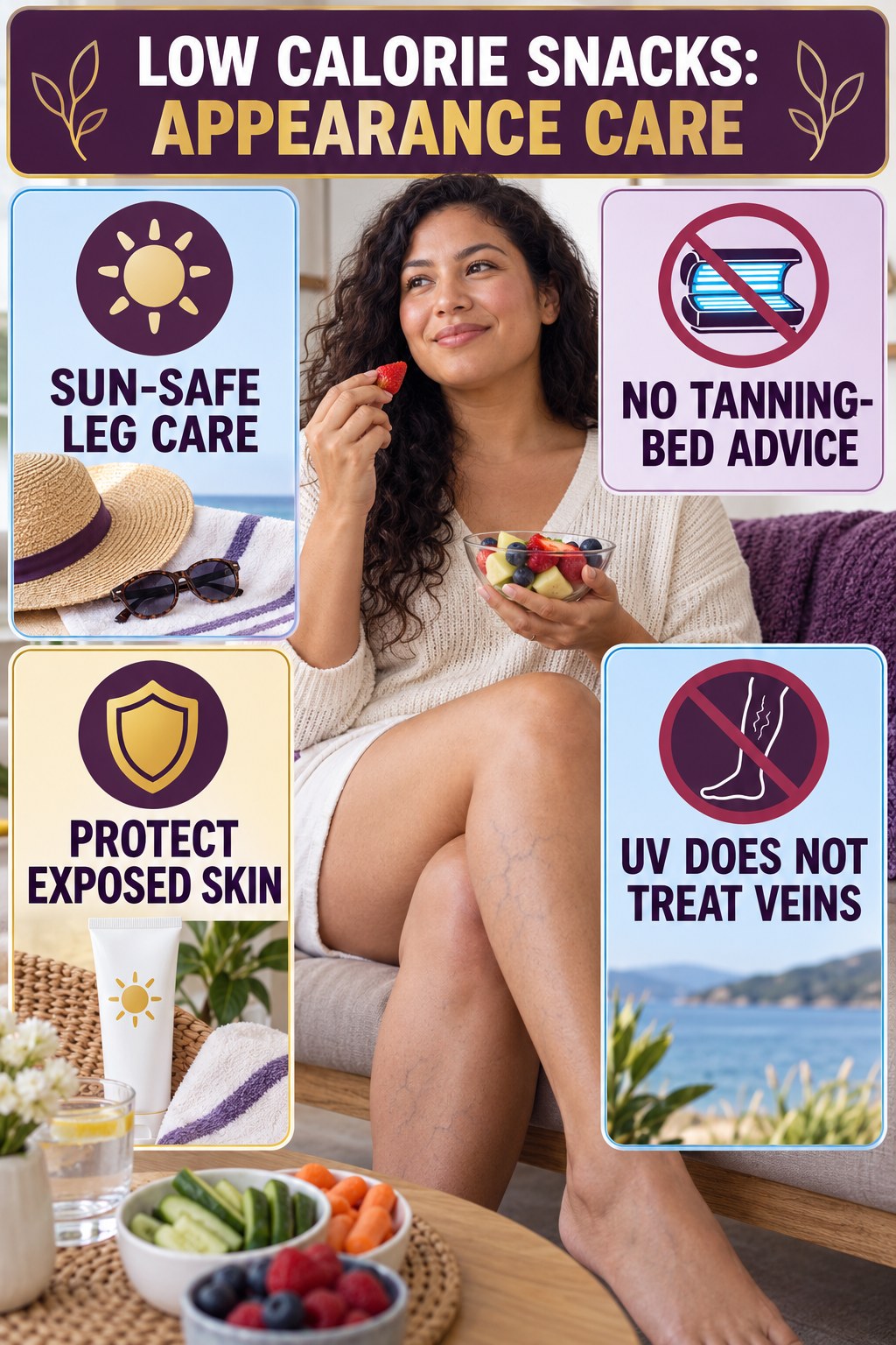 Sun-Safe Appearance Care infographic for Low Calorie Snacks, showing body-neutral visible-leg-vein appearance care and the boundary between temporary cosmetic support and treatment.