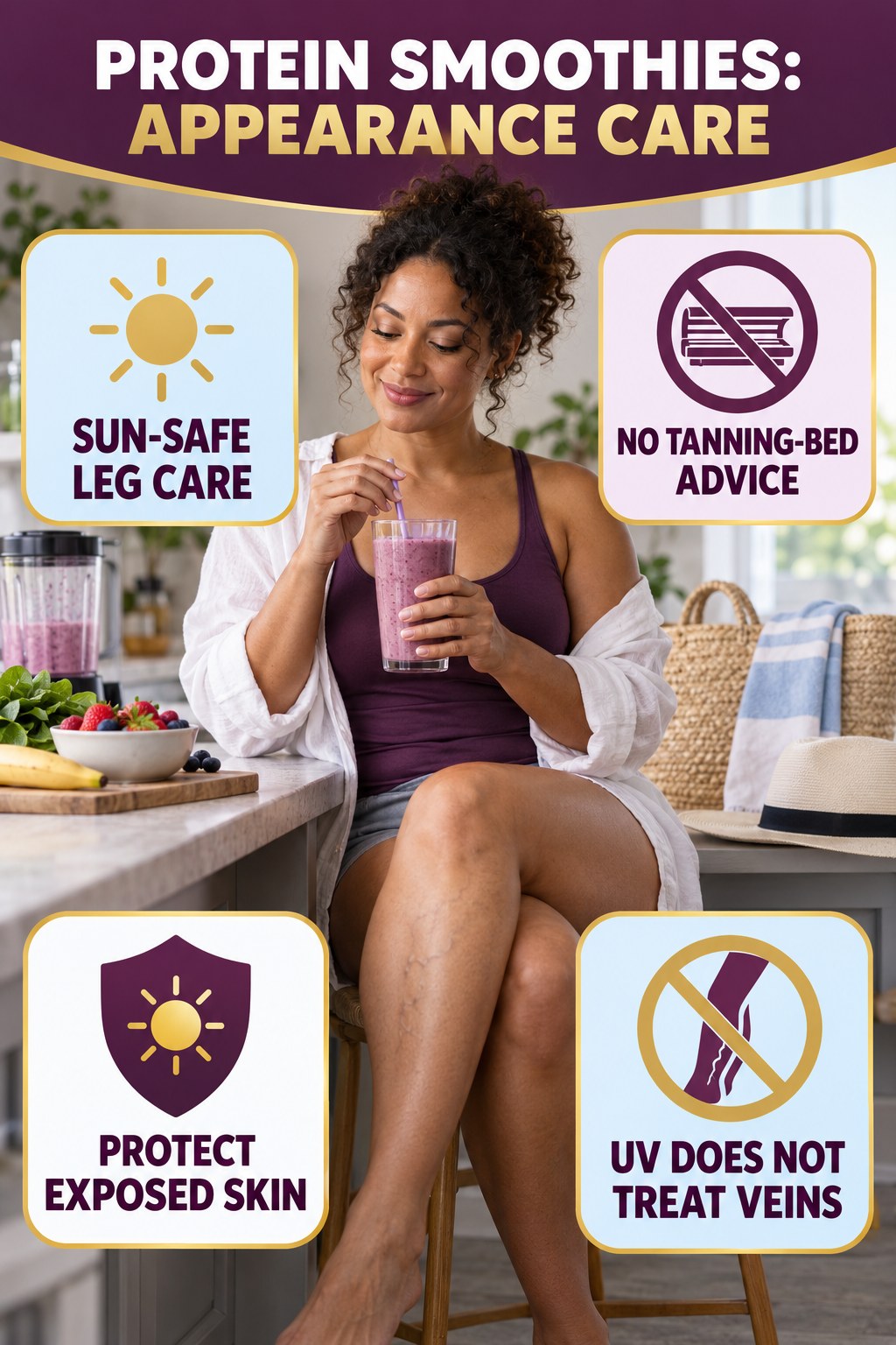Sun-Safe Appearance Care infographic for Protein Smoothies, showing body-neutral visible-leg-vein appearance care and the boundary between temporary cosmetic support and treatment.