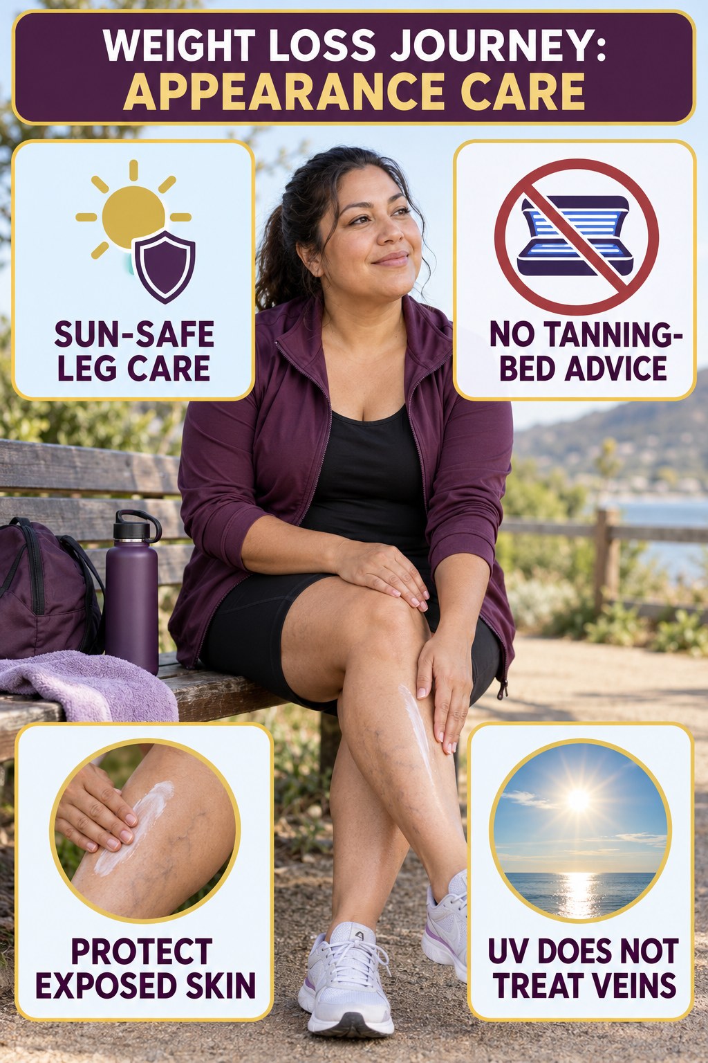 Sun-Safe Appearance Care infographic for Weight Loss Journey, showing body-neutral visible-leg-vein appearance care and the boundary between temporary cosmetic support and treatment.