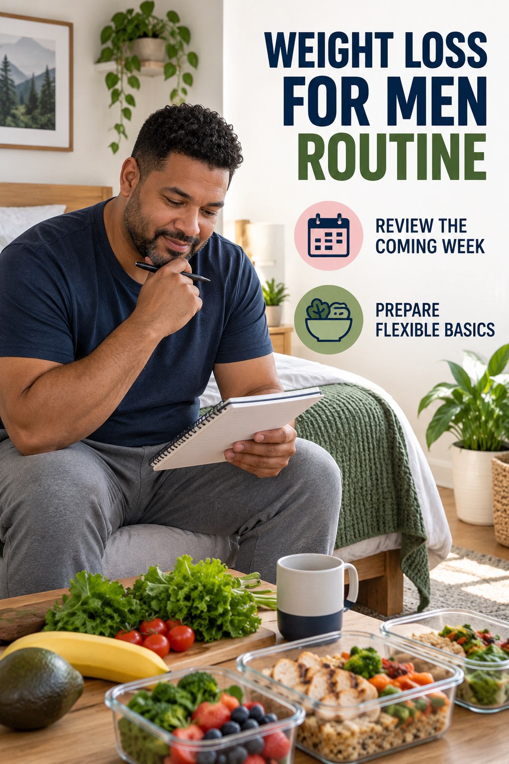 Sunday Wellness Reset for Weight Loss for Men in a modest bedroom morning corner, showing a practical, attainable routine with readable guidance.