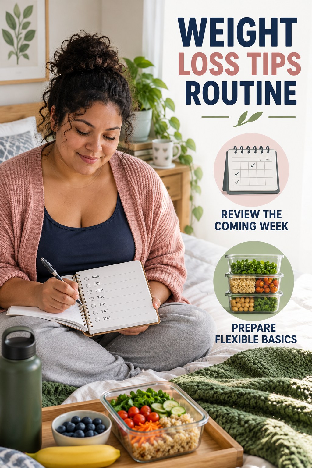Sunday Wellness Reset for Weight Loss Tips in a modest bedroom morning corner, showing a practical, attainable routine with readable guidance.