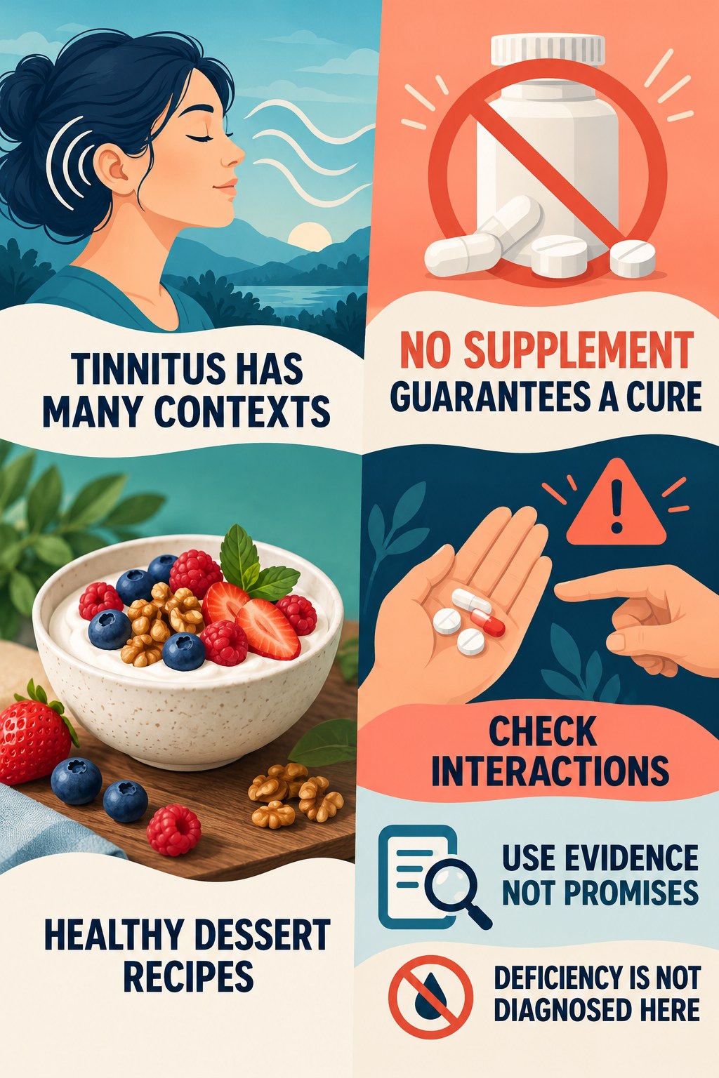 Supplement Claims for Tinnitus infographic for Healthy Dessert Recipes with four concise tinnitus-awareness points.