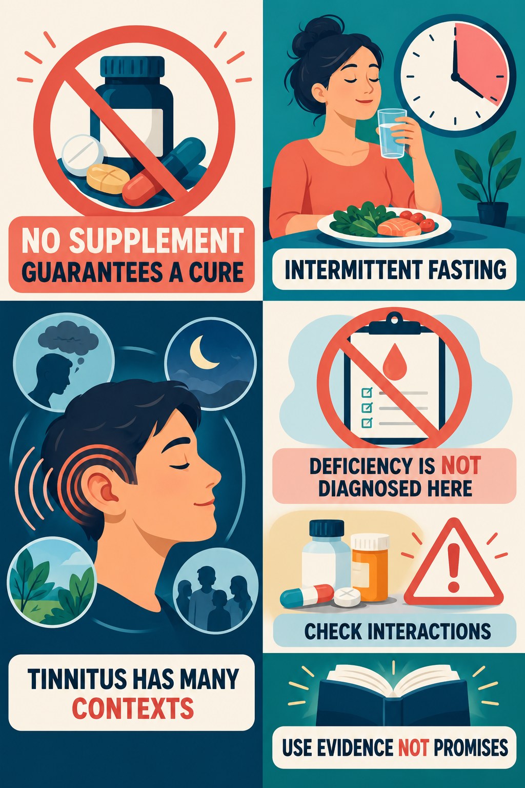 Supplement Claims for Tinnitus infographic for Intermittent Fasting with four concise tinnitus-awareness points.
