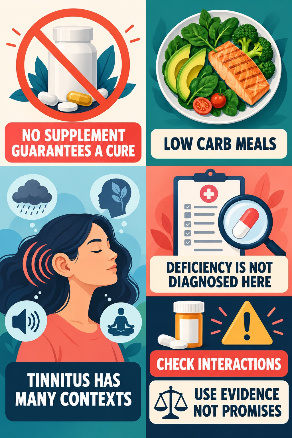 Supplement Claims for Tinnitus infographic for Low Carb Meals with four concise tinnitus-awareness points.