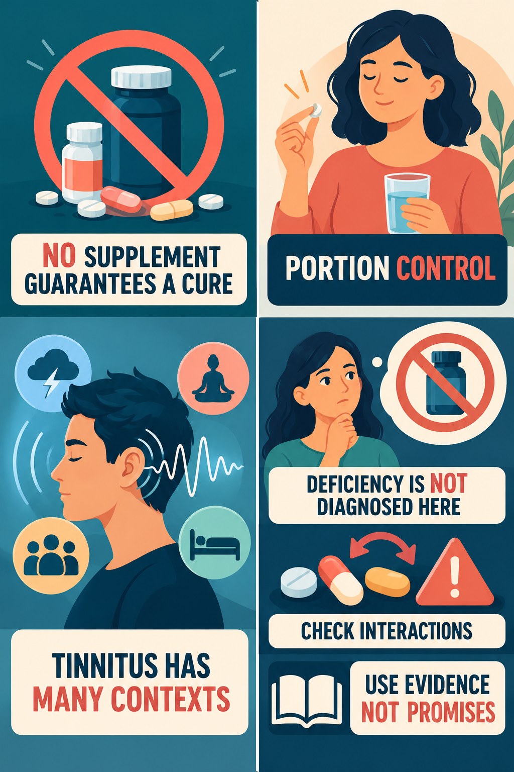 Supplement Claims for Tinnitus infographic for Portion Control with four concise tinnitus-awareness points.