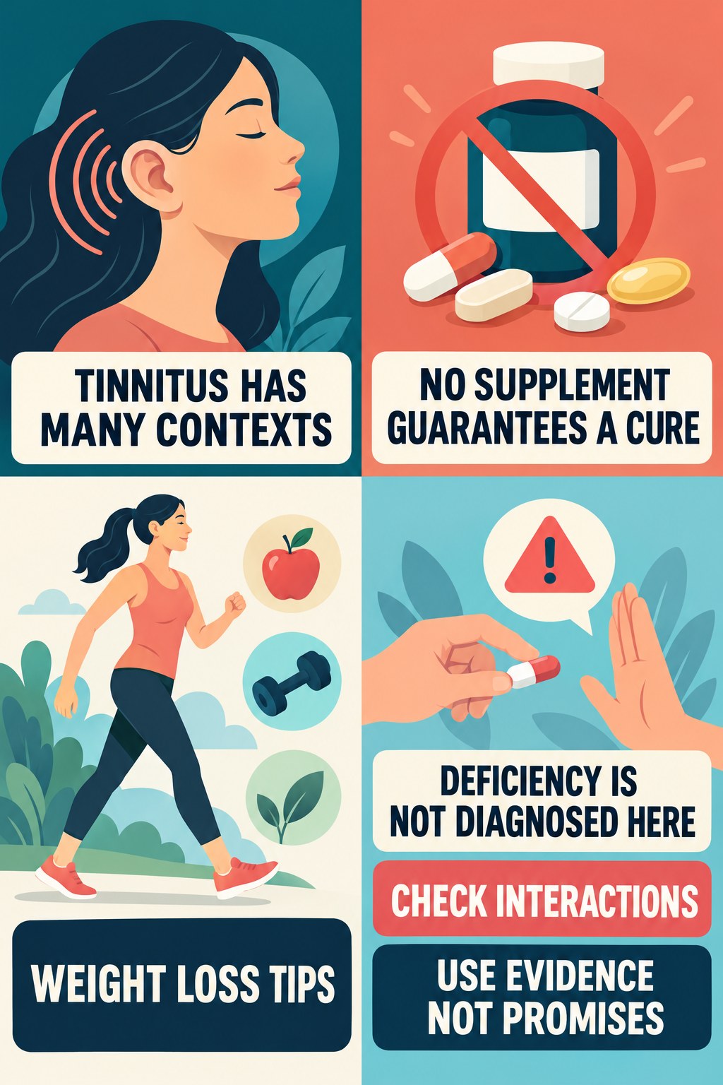 Supplement Claims for Tinnitus infographic for Weight Loss Tips with four concise tinnitus-awareness points.