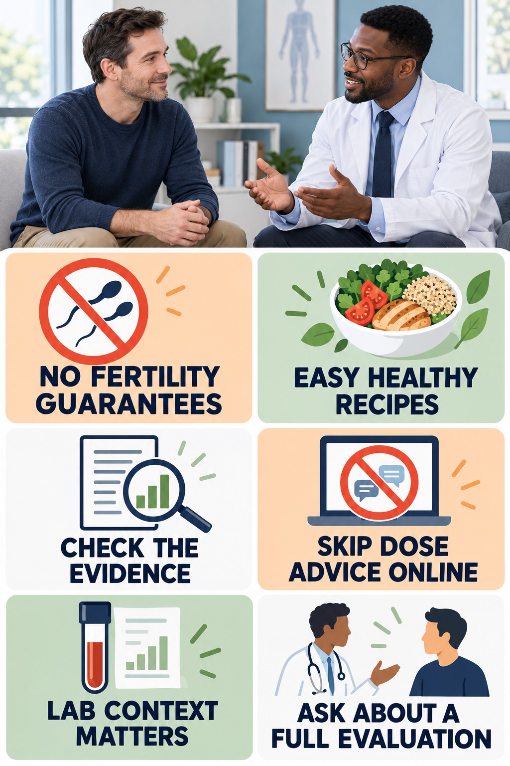 Supplements Cannot Promise Fertility infographic for Easy Healthy Recipes with four concise, non-shaming sexual-health education points.