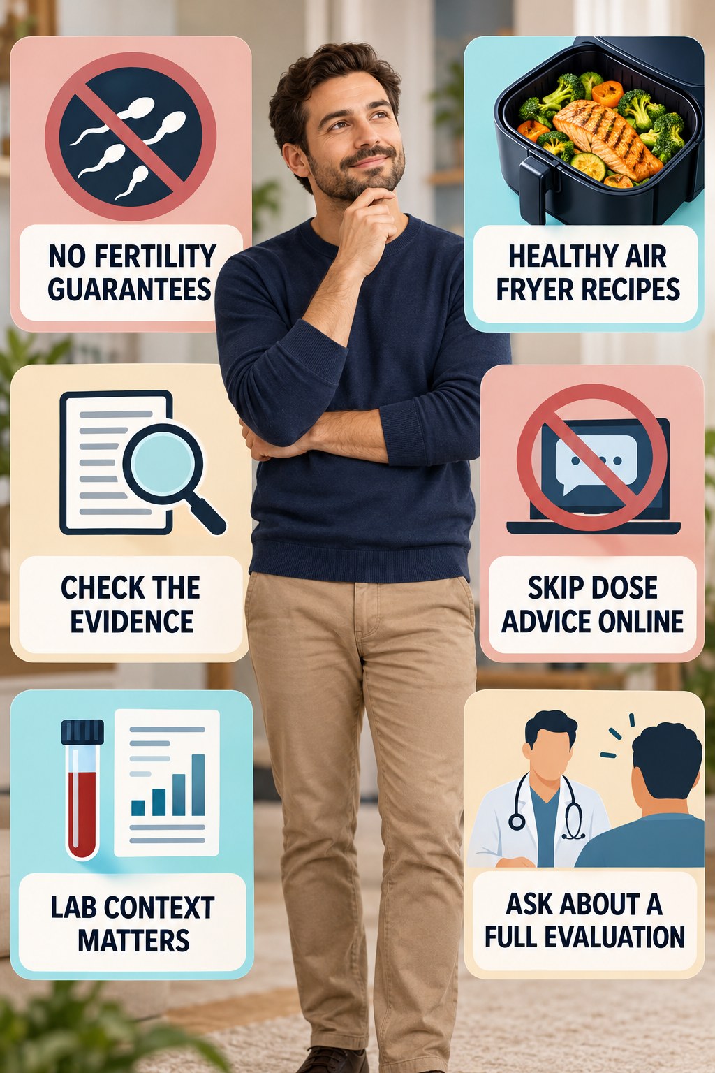 Supplements Cannot Promise Fertility infographic for Healthy Air Fryer Recipes with four concise, non-shaming sexual-health education points.