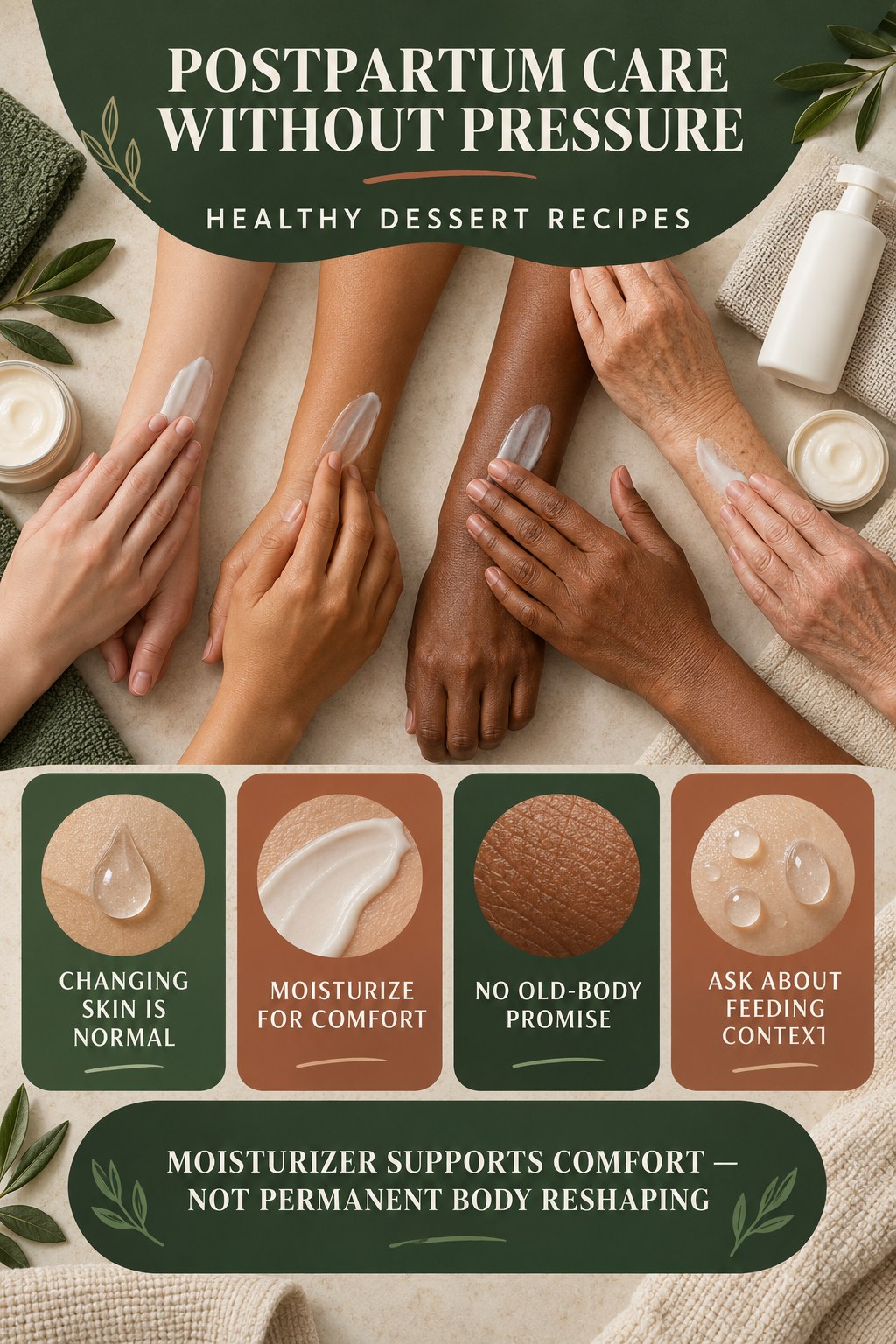 Support Postpartum Skin Without Bounce-Back Pressure body-moisturization infographic for Healthy Dessert Recipes with four body-neutral comfort actions.
