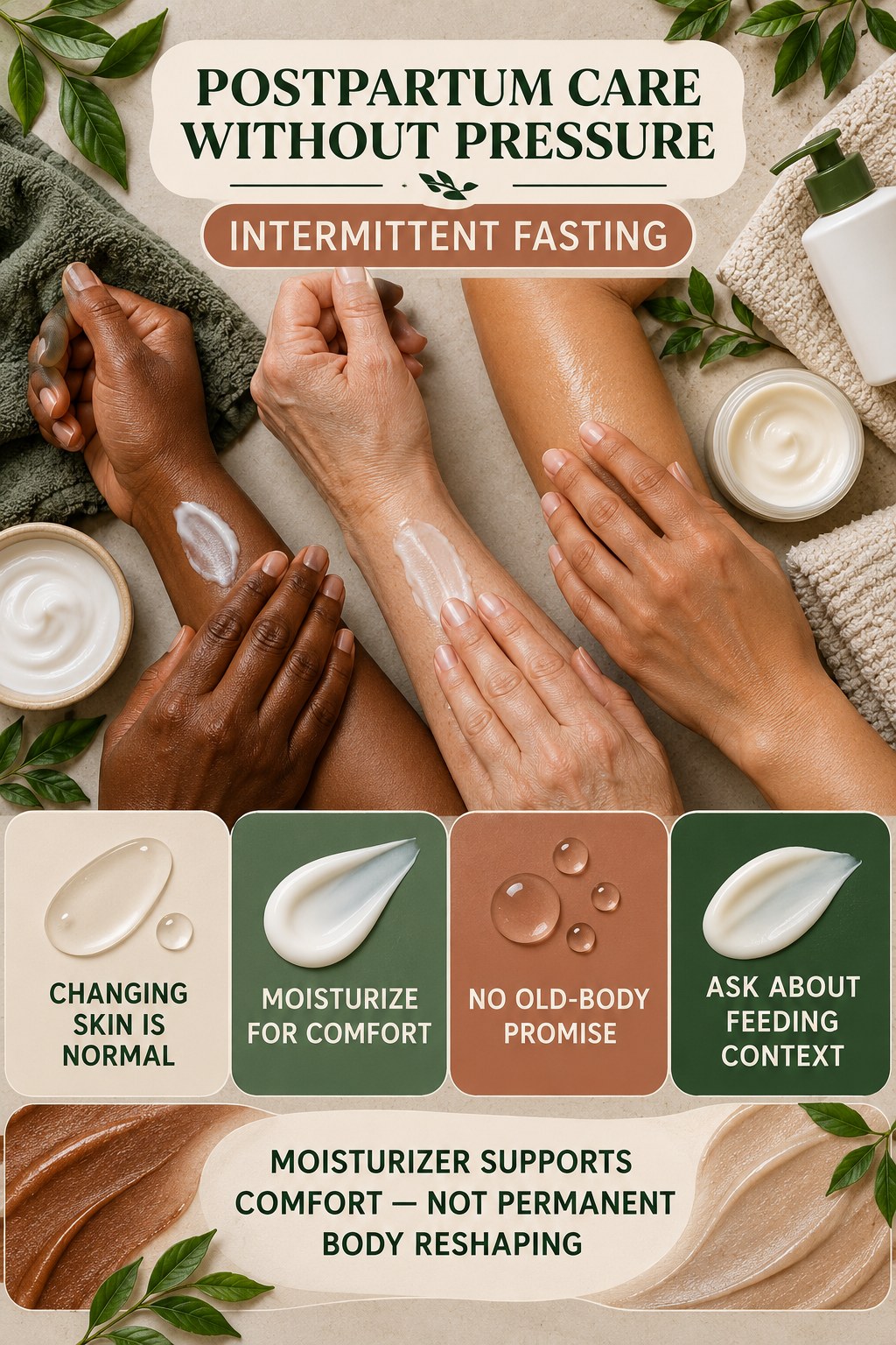 Support Postpartum Skin Without Bounce-Back Pressure body-moisturization infographic for Intermittent Fasting with four body-neutral comfort actions.