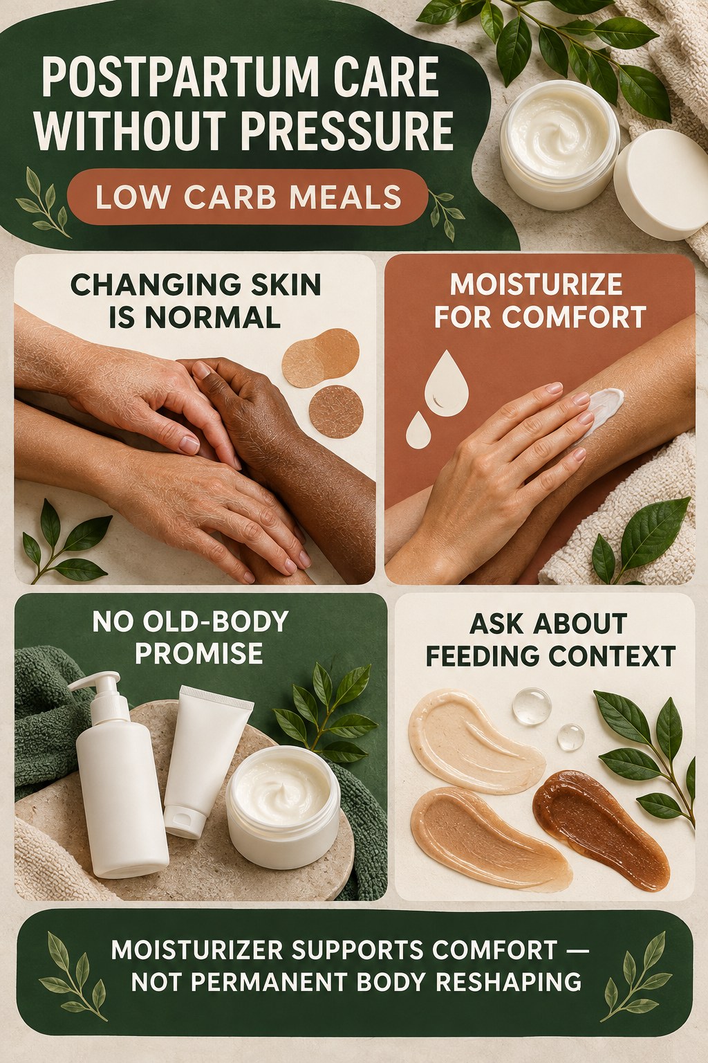 Support Postpartum Skin Without Bounce-Back Pressure body-moisturization infographic for Low Carb Meals with four body-neutral comfort actions.