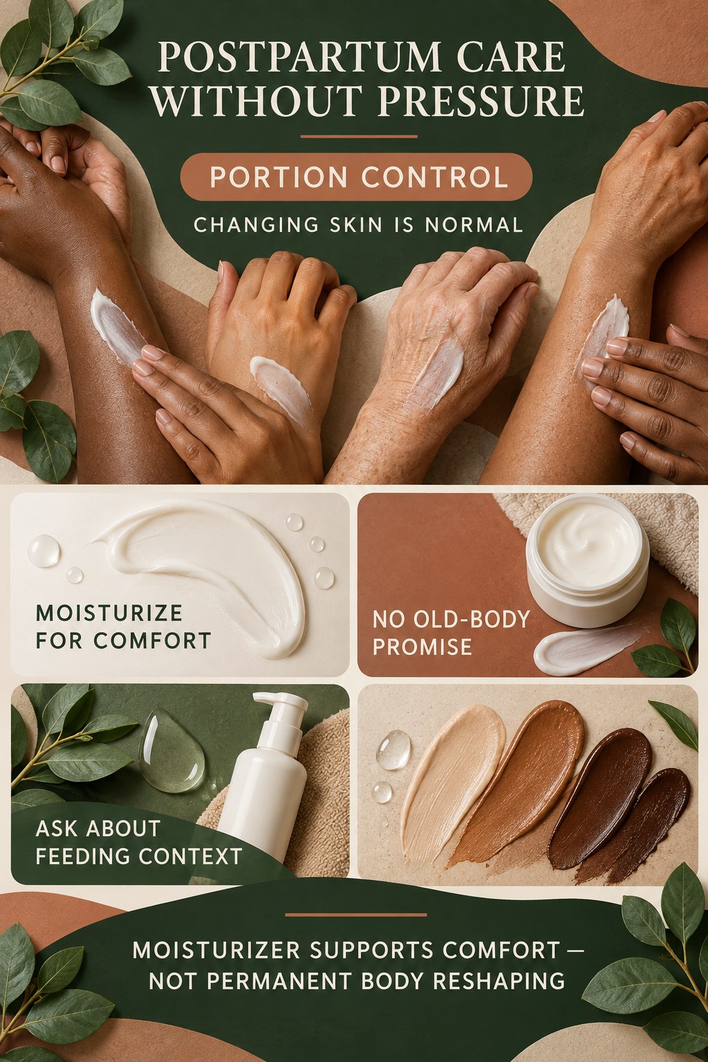 Support Postpartum Skin Without Bounce-Back Pressure body-moisturization infographic for Portion Control with four body-neutral comfort actions.