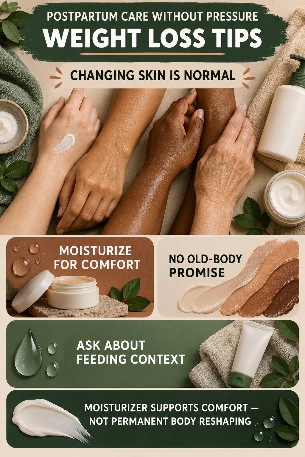 Support Postpartum Skin Without Bounce-Back Pressure body-moisturization infographic for Weight Loss Tips with four body-neutral comfort actions.