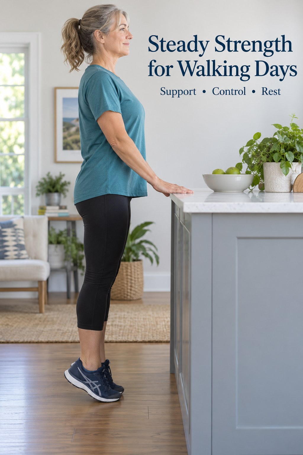 Adult practicing a gentle supported calf raise at a fixed countertop