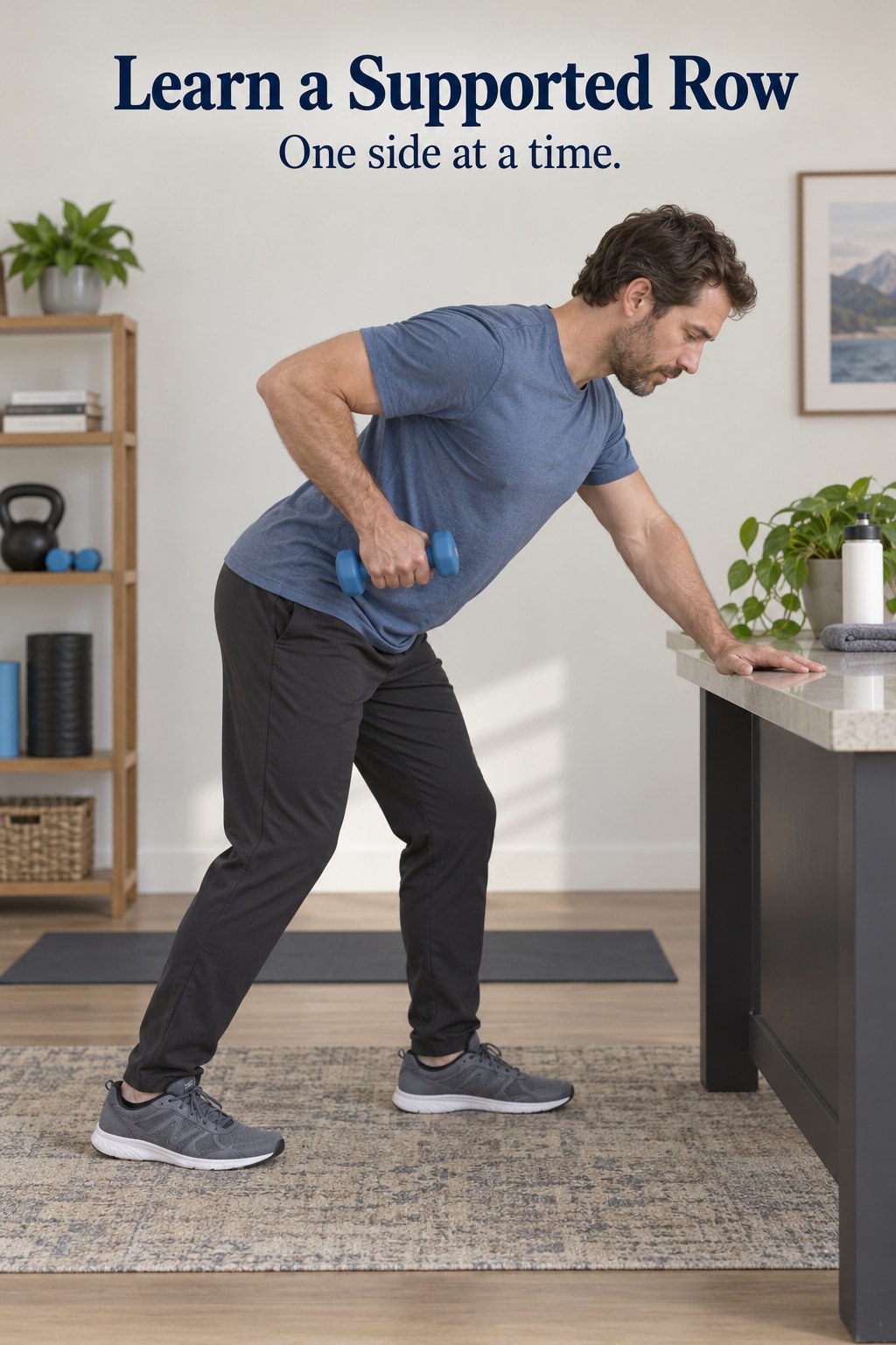 Adult practicing a light one-arm dumbbell row with the other hand on a fixed support