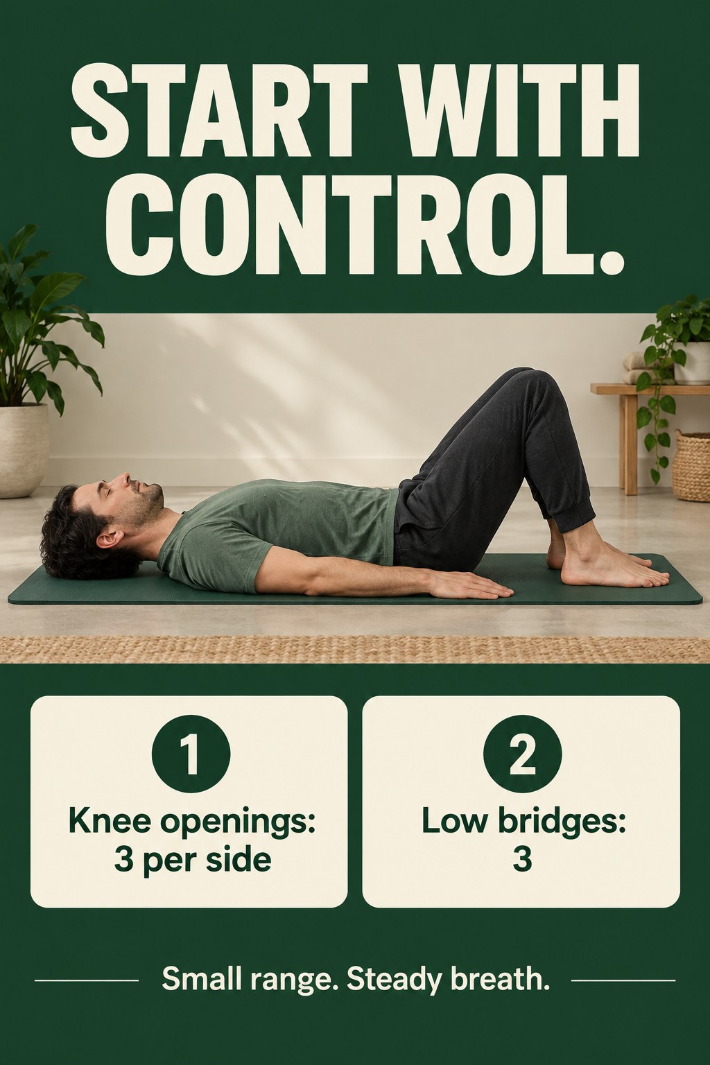 Man resting on his back on a mat with knees bent and both feet flat before a Pilates practice.