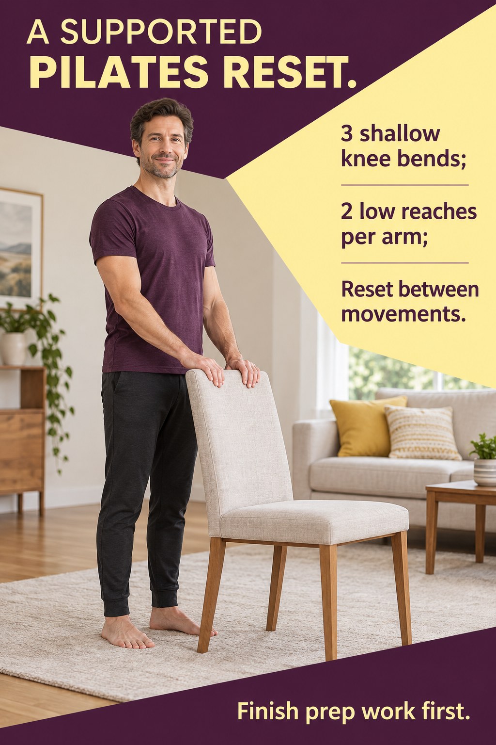 Adult standing upright with both hands lightly on the back of a stable household chair.