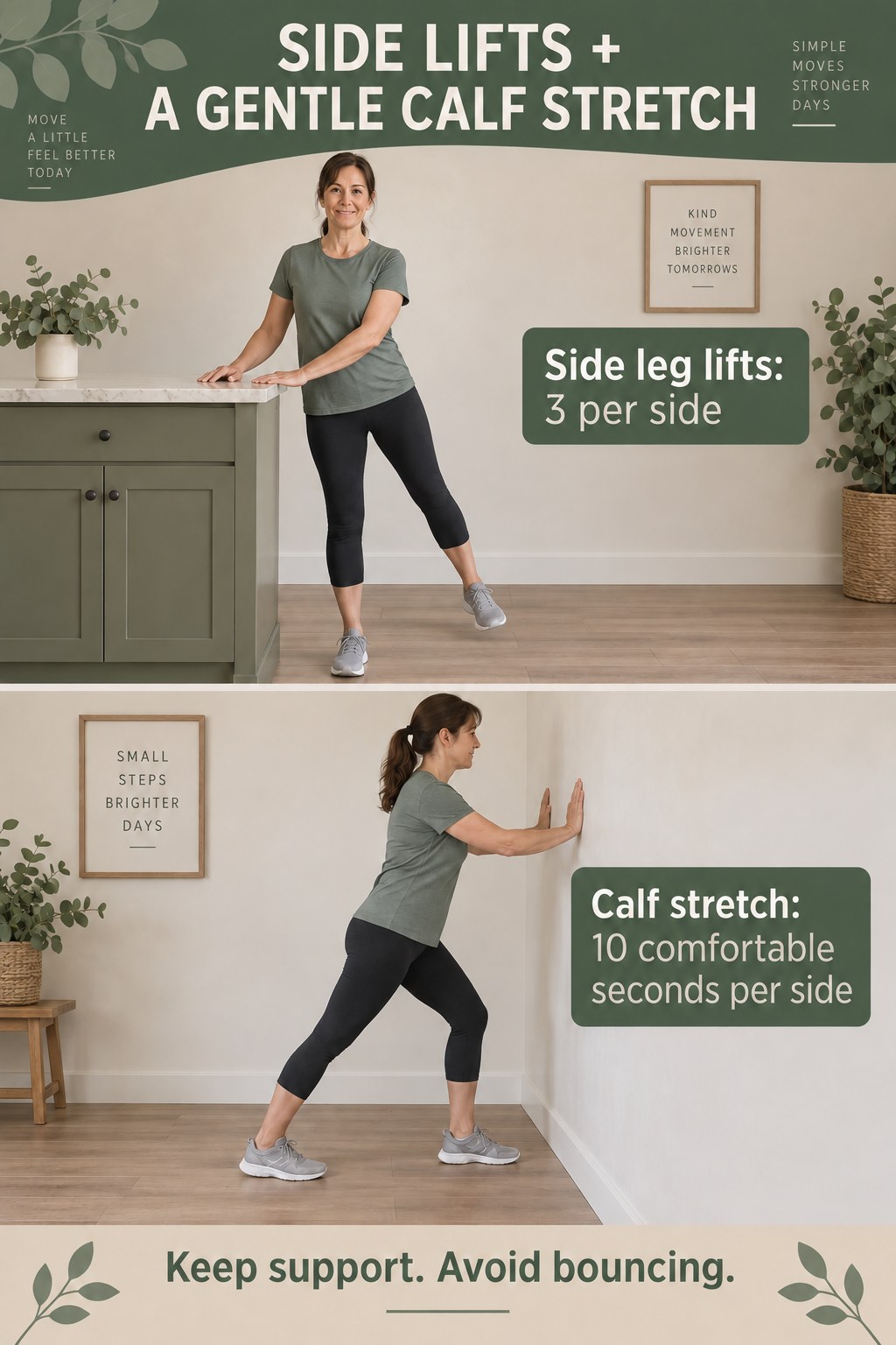 Woman demonstrates a small supported side leg lift and a gentle wall calf stretch with her rear heel grounded.