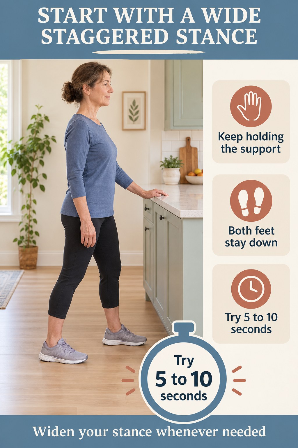 Woman holds a fixed counter with both feet flat in a wide staggered stance beside dusty-blue and terracotta balance instructions.