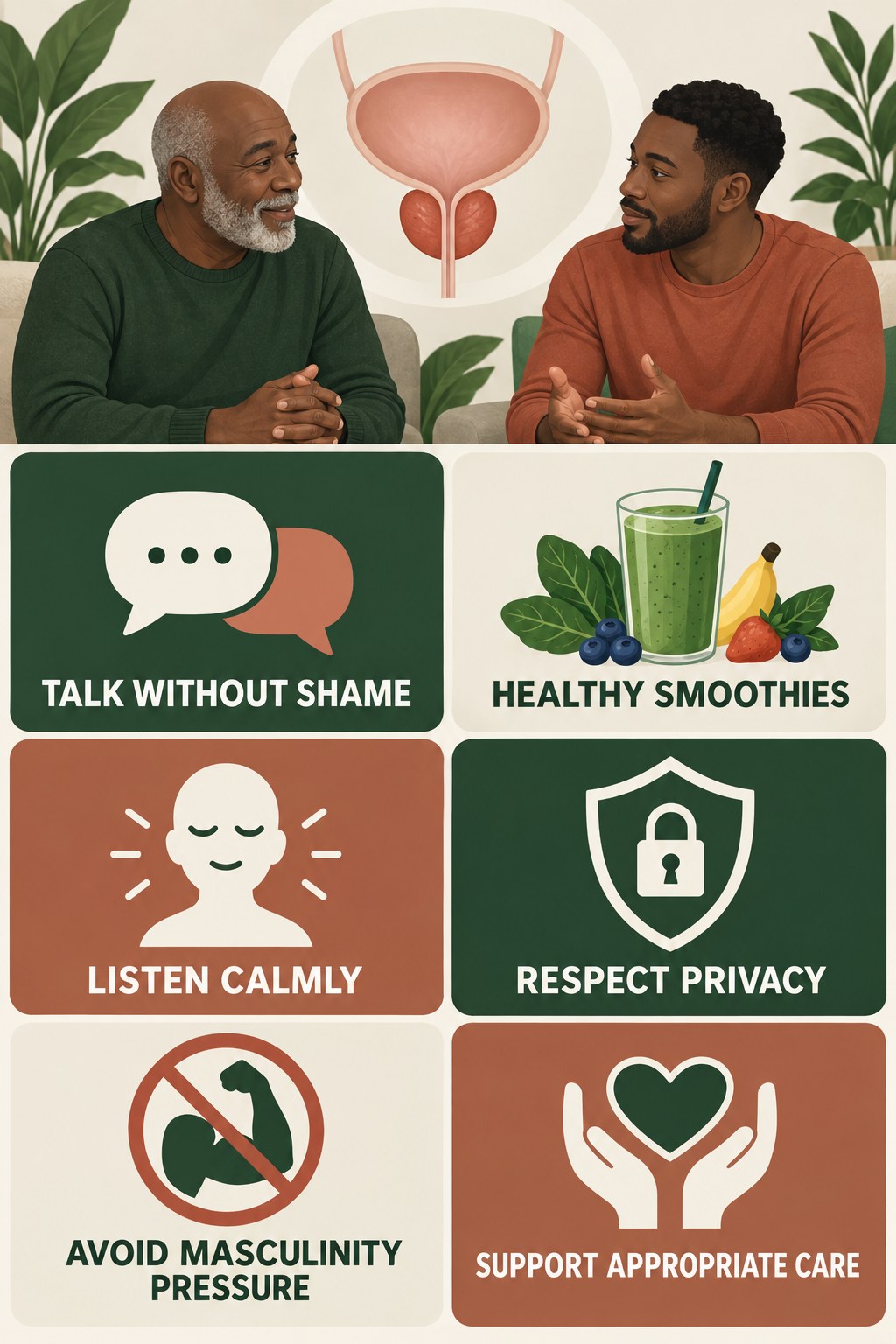 Supportive Prostate-Health Conversations infographic for Healthy Smoothies with four concise prostate-health awareness points.