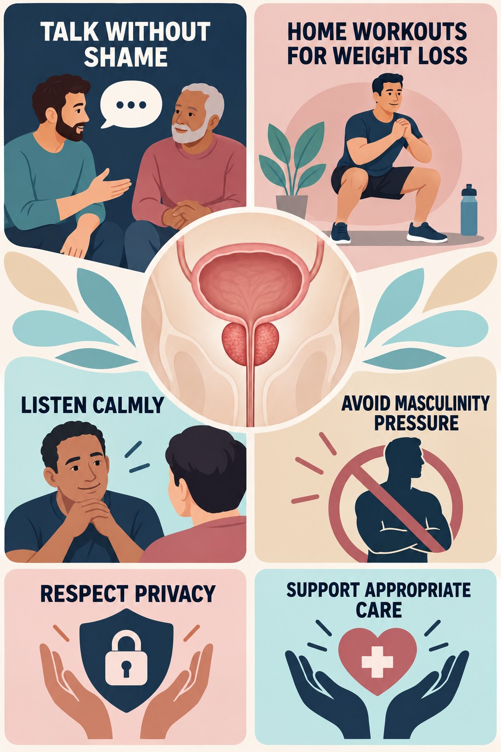 Supportive Prostate-Health Conversations infographic for Home Workouts for Weight Loss with four concise prostate-health awareness points.