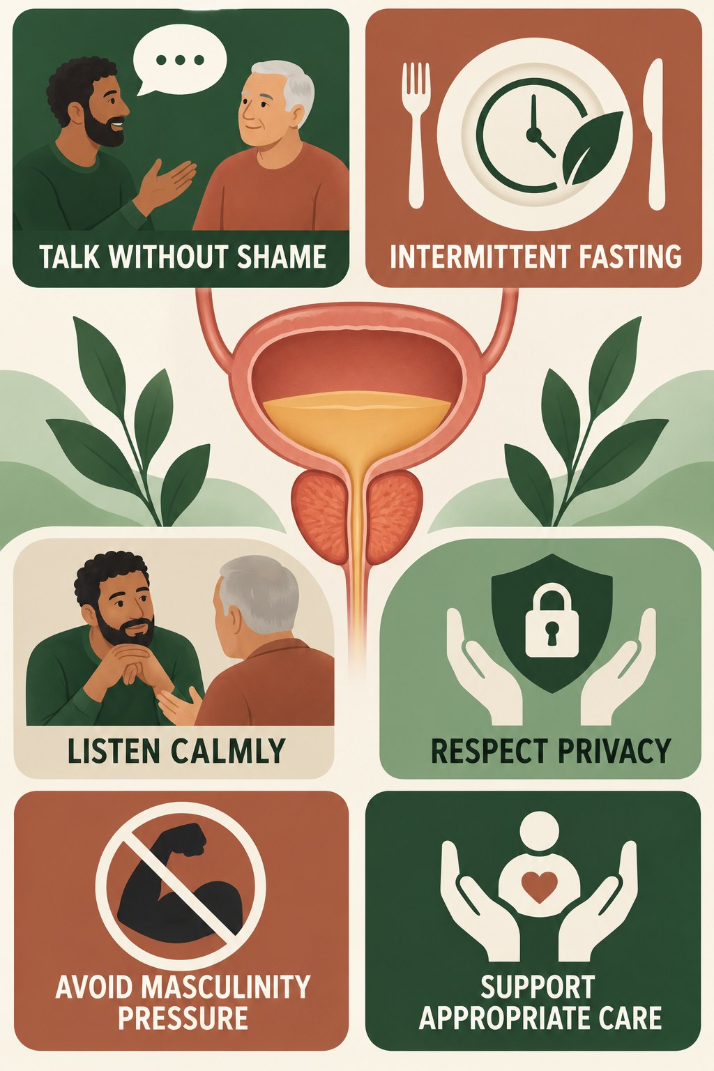 Supportive Prostate-Health Conversations infographic for Intermittent Fasting with four concise prostate-health awareness points.