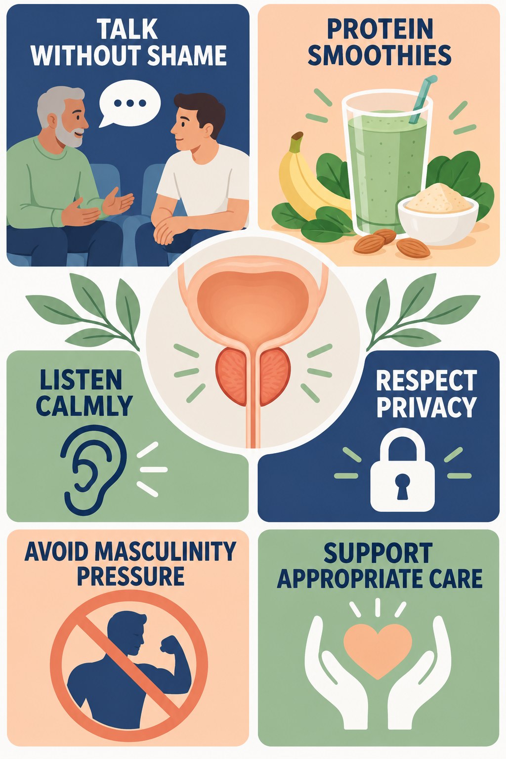 Supportive Prostate-Health Conversations infographic for Protein Smoothies with four concise prostate-health awareness points.